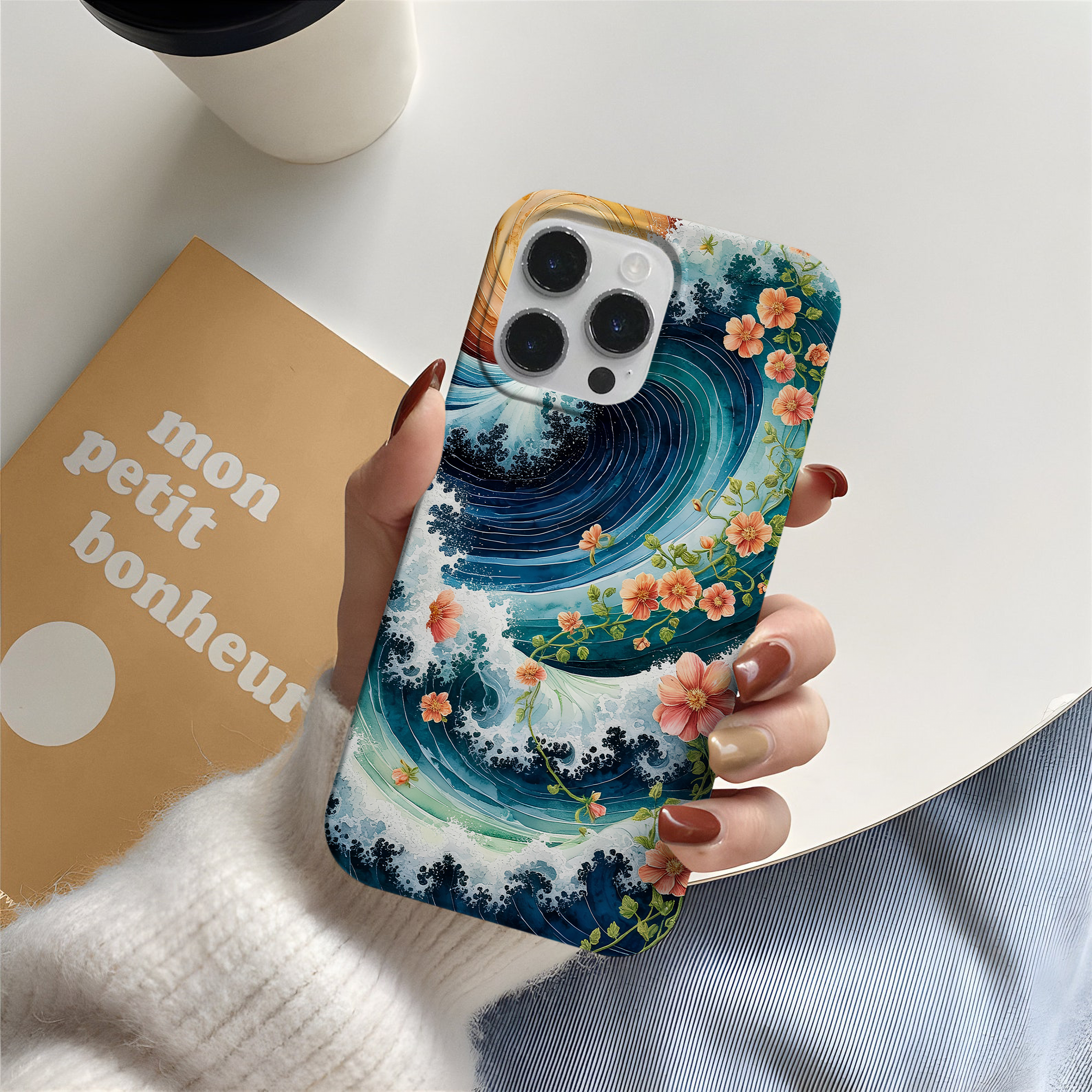 Japon Dalga ve Çiçek Desenli Telefon Kılıfı