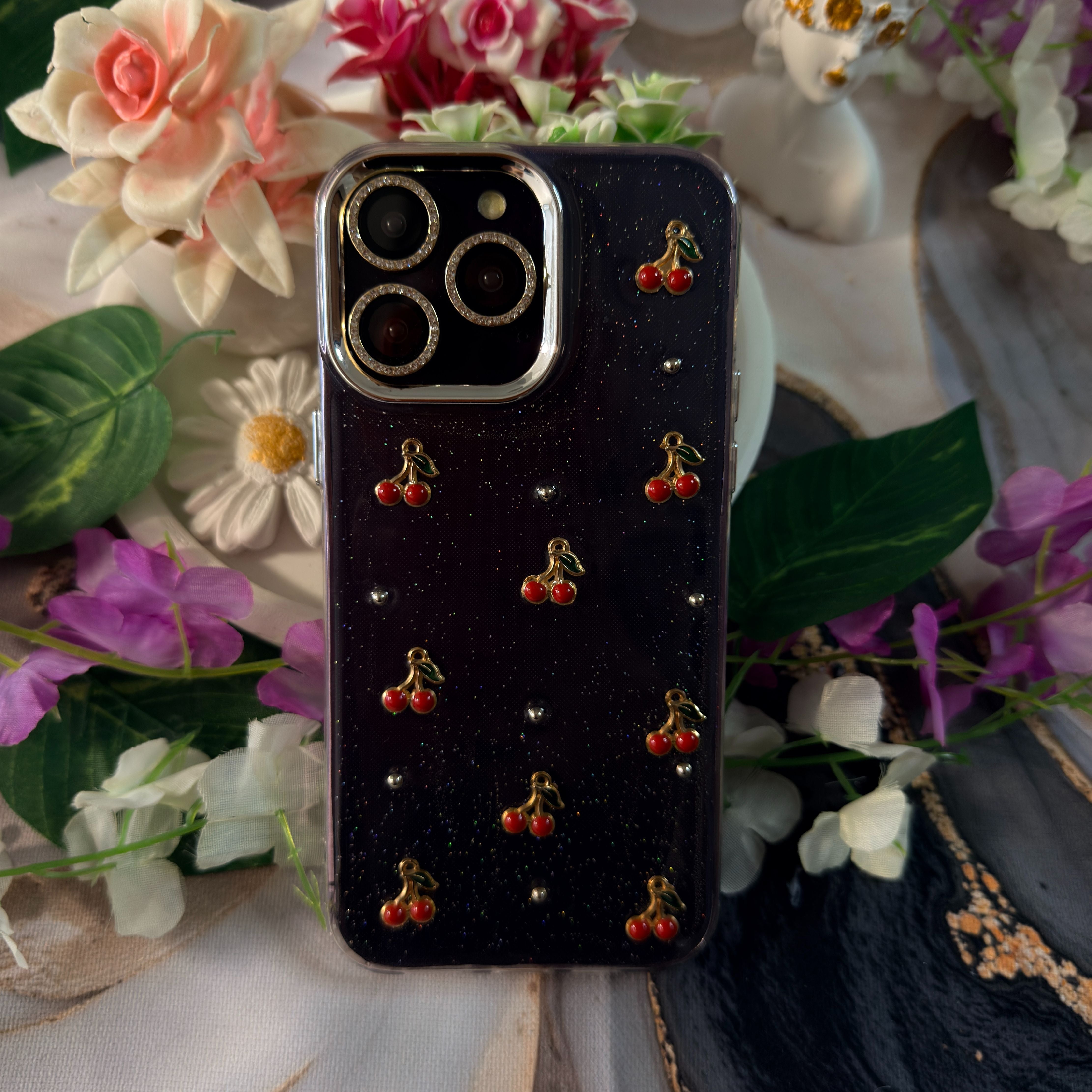 Simli Kirazlı Şeffaf Premium Telefon Kılıfı